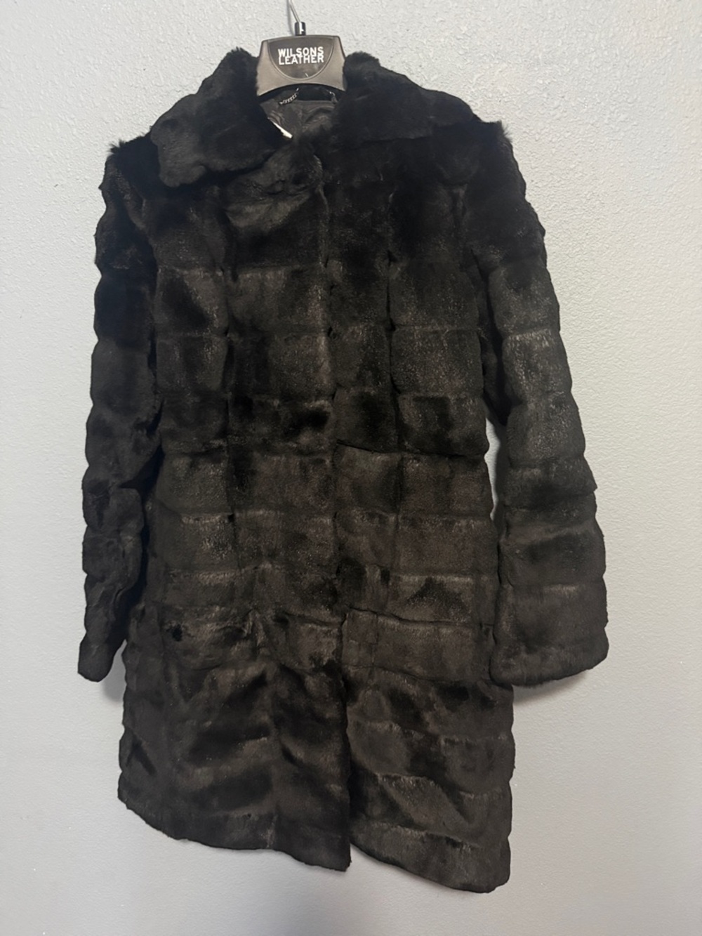 Wilsons Leather Black Rabbit Fur Trench Coat with Classic Collar